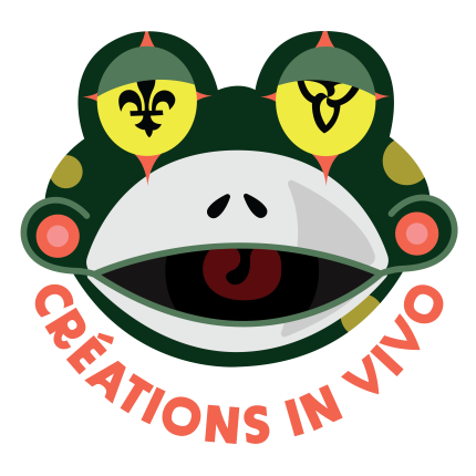 Logo de Créations In Vivo avec le nom de la compagnie en orange en dessous d'une tête de grenouille dessinée, ses yeux sont un lys et une trille qui représentent le drapeau franco-ontarien